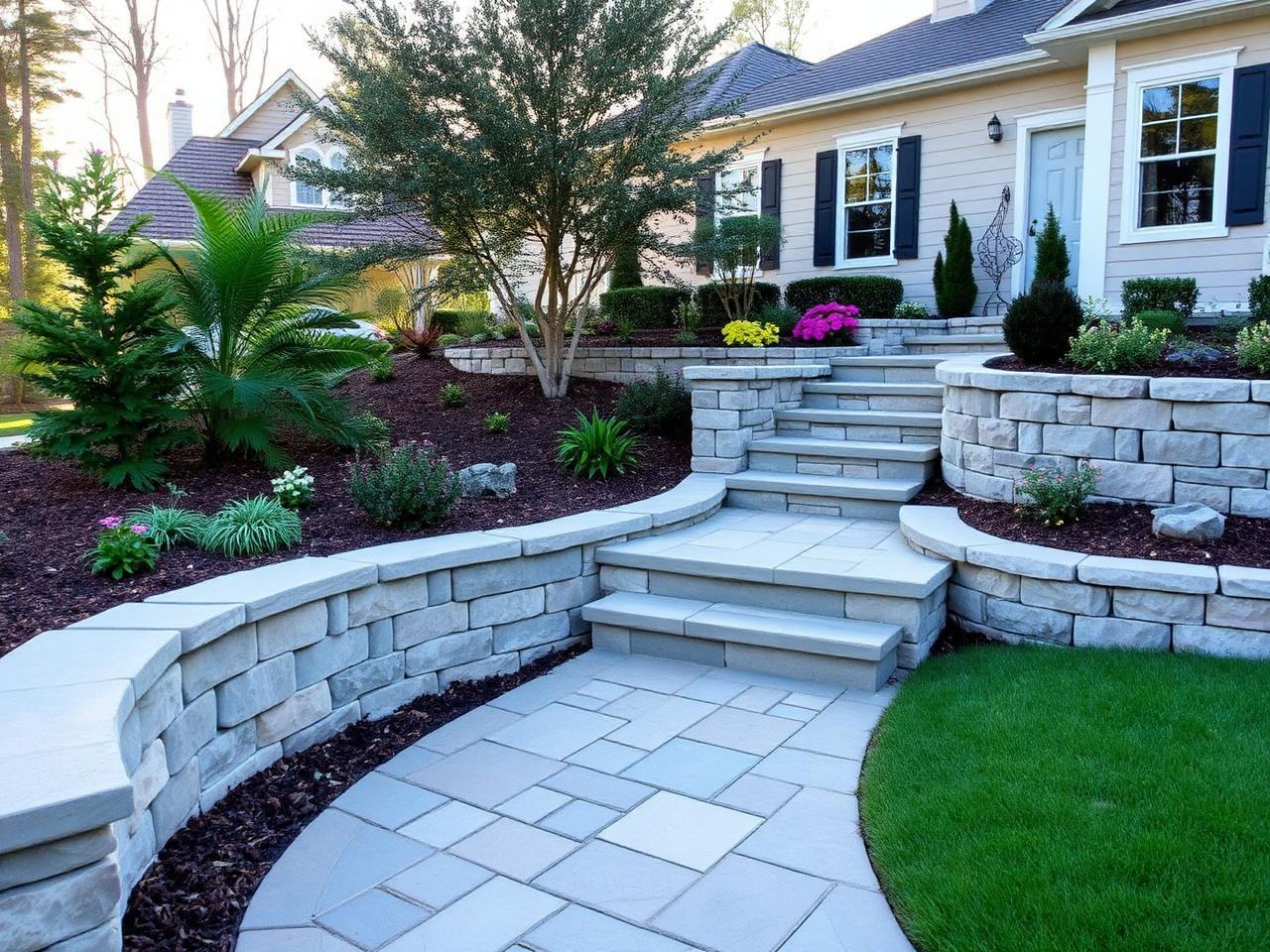 Paver walkway and stone retaining wall in Rock Hill South Carolina