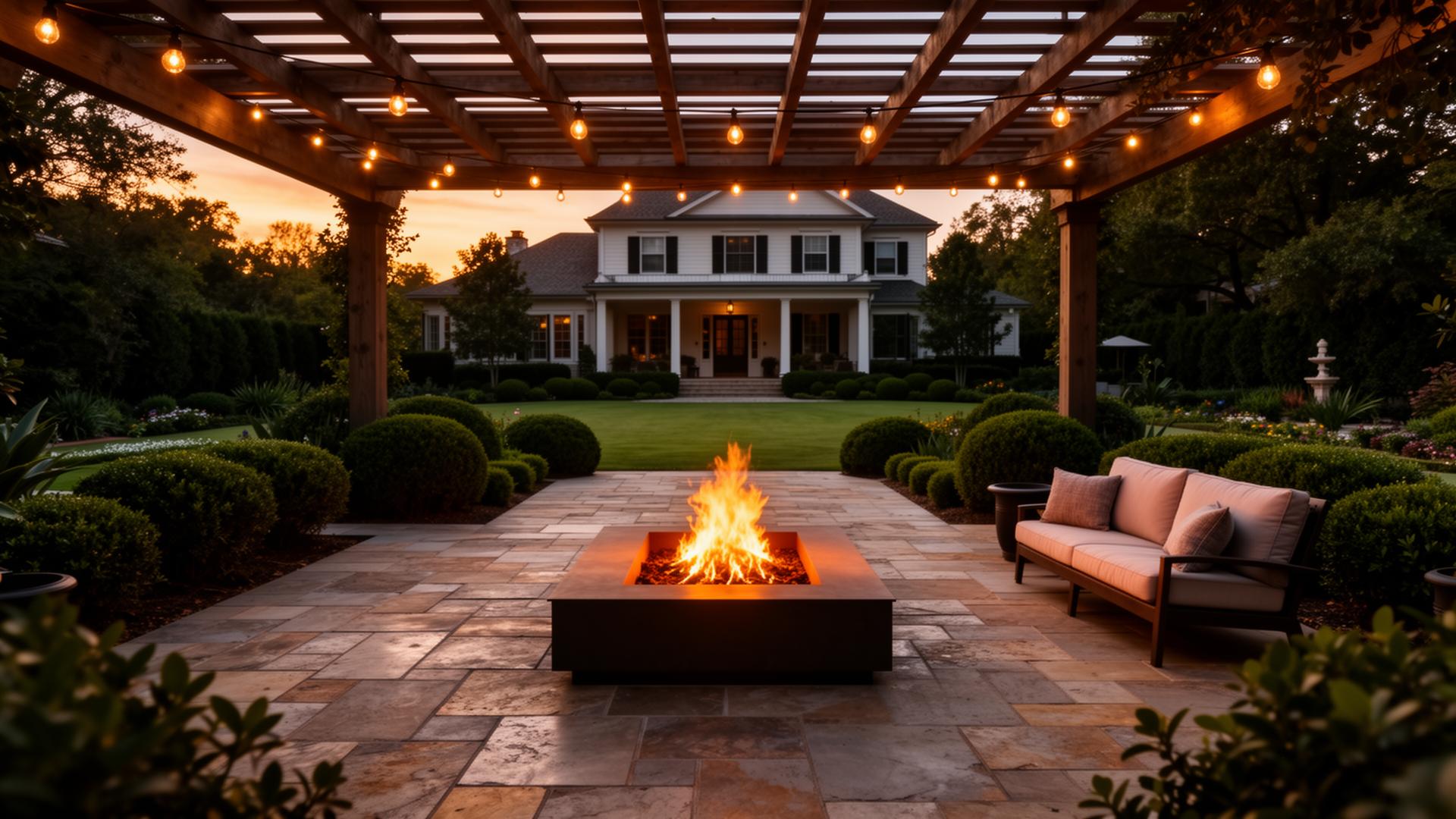 Luxury outdoor living space with fire pit and pergola in Rock Hill SC