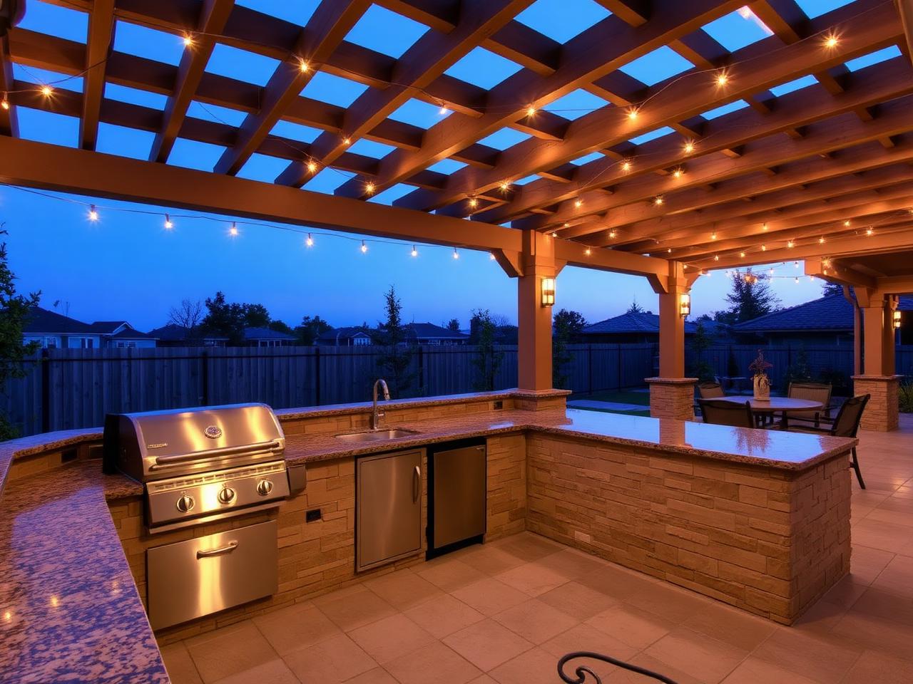 Outdoor kitchen with pergola and string lights in Rock Hill SC